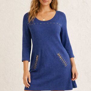 Valerie Stevens Womens L Blue Gold Studded Tunic Sweater Cozy Chic Top